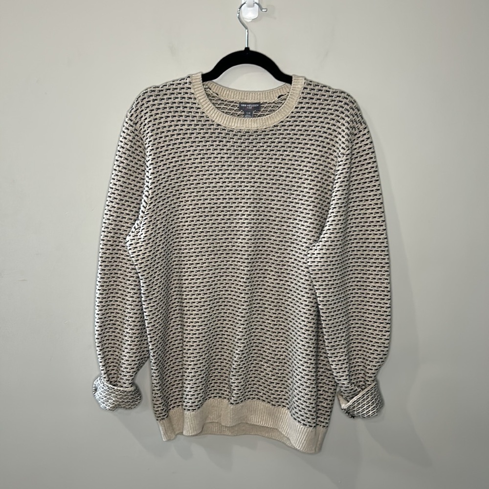 Van Heusen Flex Grandpa Sweater Navy Blue & Cream Pattern & Elbow Patches Size L - Picture 4 of 6